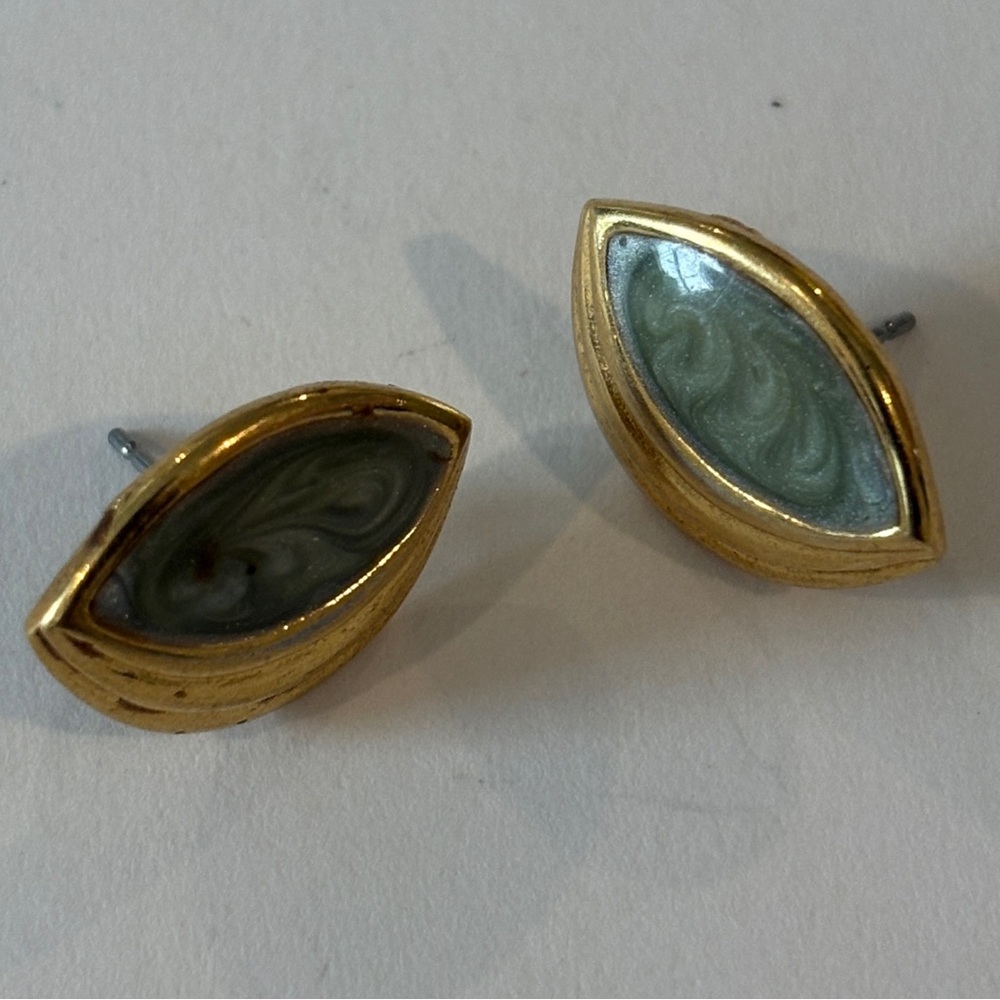 Vintage EVOKE Marbled Sage Green Enamel & Gold Tone Earrings